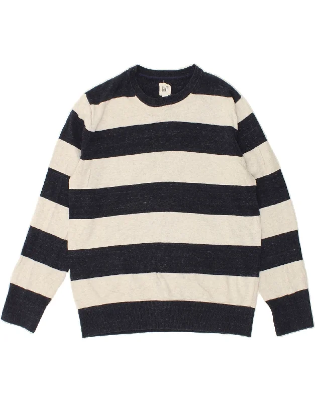 GAP Mens Sweatshirt Jumper Small Navy Blue Striped Cotton Hoodie with Frayed Bohemian Relaxed