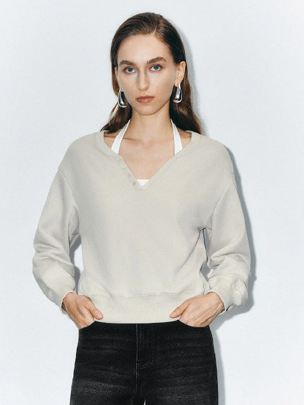 Halter Neck Loose Sweatshirts Hoodie with Hem Contrast Bold Stylish
