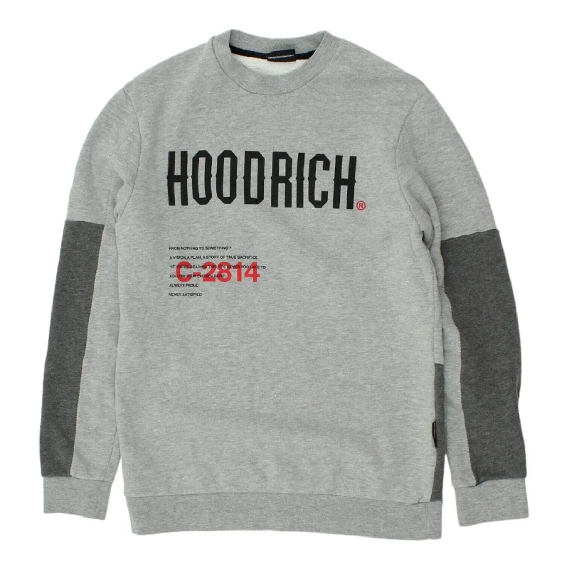 Hoodrich Spell Out Mens Grey Sweatshirt | Designer Streetwear Jumper VTG Hoodie with Patch Decorative Personalized