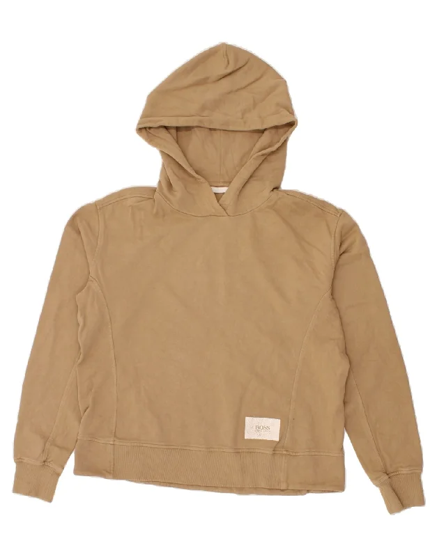 HUGO BOSS Womens Oversized Hoodie Jumper UK 10 Small Beige Cotton Hoodie with Hem Contrast Bold Stylish