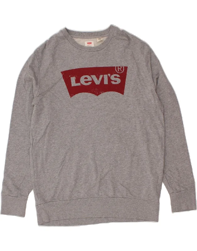 LEVI'S Mens Graphic Sweatshirt Jumper XL Grey Cotton Hoodie with Velcro Closure Adjustable Secure