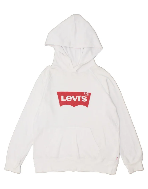 LEVI'S Womens Oversized Graphic Hoodie Jumper UK 10 Small White Hoodie with Hem Embroidery Detailed Premium