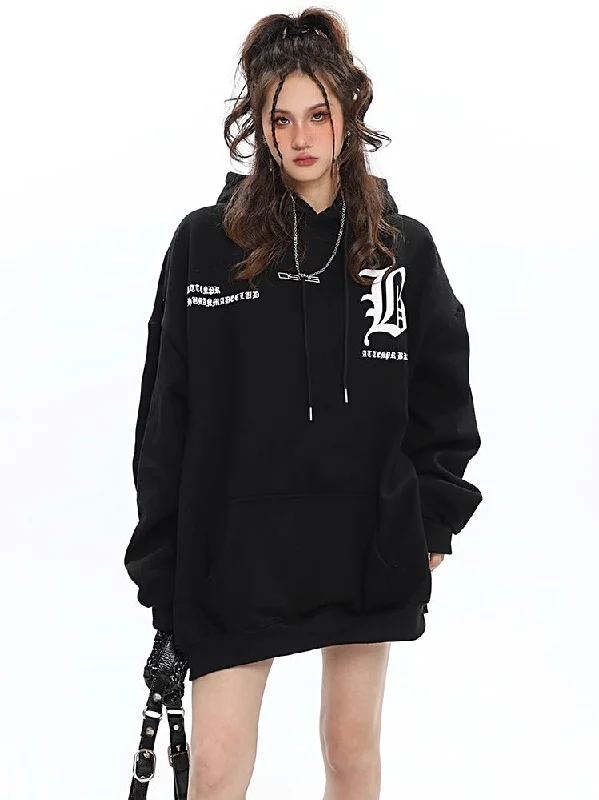 Macie Graphic Letter Print Solid Color Long Sleeve Baggy Hoodie Hoodie with V-Neck Classic Versatile
