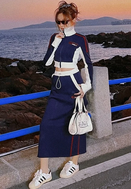 Mary Patchwork Contrast Color Long Sleeve Zip Up Turtleneck Cropped Sweatshirt Long High Waisted Skirt Matching Set Hoodie with Bell Sleeves Flared Feminine