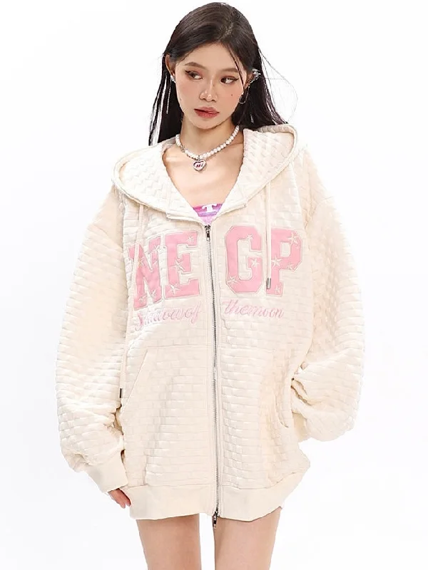 NEGP Faux Leather Letter Patchwork Zip Up Hoodie Hoodie with Patch Decorative Personalized