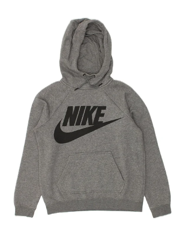 NIKE Mens Graphic Hoodie Jumper Small Grey Cotton Hoodie with Hem Ribbing Snug Secure