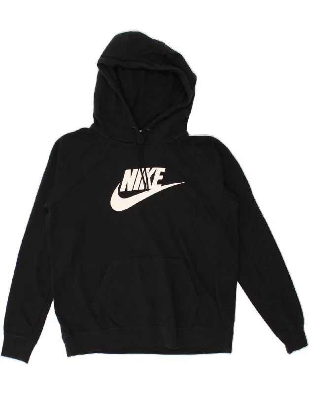 NIKE Womens Graphic Hoodie Jumper UK 14 Medium Black Cotton Graphic Hoodie Design Print