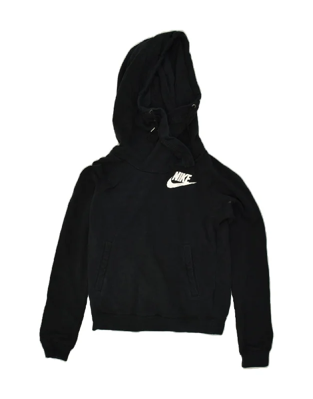 NIKE Womens Hoodie Jumper UK 6 XS Black Cotton Hoodie with Hem Contrast Bold Stylish