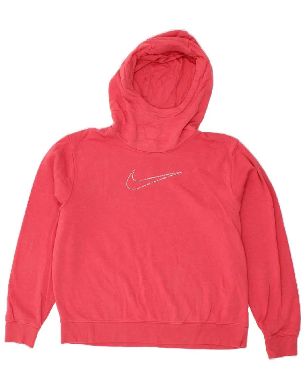 NIKE Womens Oversized Graphic Hoodie Jumper UK 14 Medium Red Cotton Hoodie with Hem Detail Decorative Unique