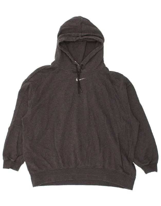 NIKE Womens Oversized Graphic Hoodie Jumper UK 16 Large Grey Cotton Hoodie with Contrast Stitching Detailed Premium
