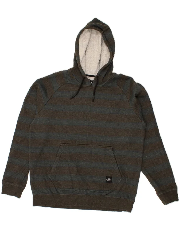 O'NEILL Mens Hoodie Jumper Large Grey Striped Cotton Hoodie with Thumb Holes Functional Cozy