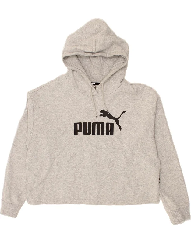 PUMA Womens Crop Graphic Hoodie Jumper UK 10 Small Grey Cotton Hooded Sweatshirt Casual Wear Street Style