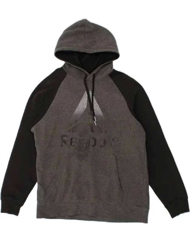 REEBOK Mens Graphic Hoodie Jumper Large Grey Colourblock Cotton Hoodie with Print Artistic Unique