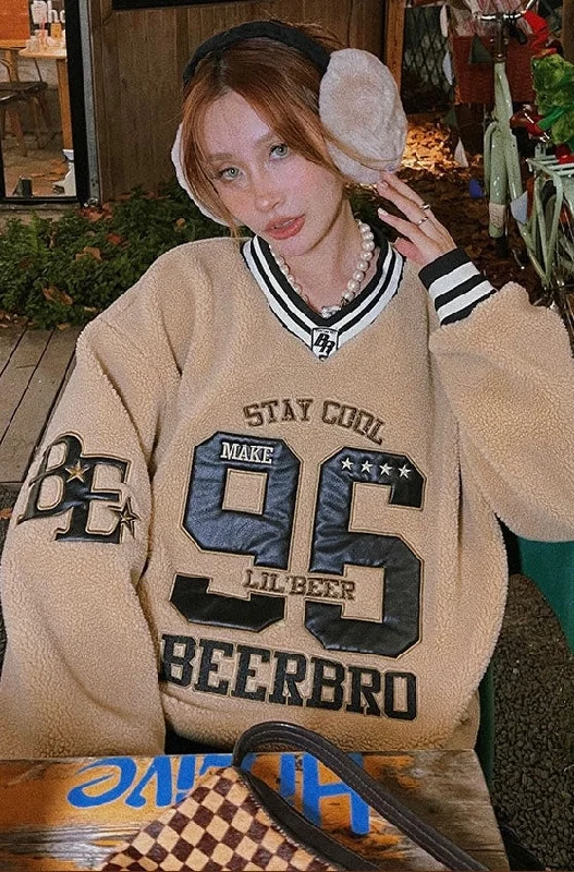 STAYCOOL Graphic Letter Patchwork Fleece Long Sleeve Baggy Sweatshirt Hoodie with Monochrome Minimalist Simple