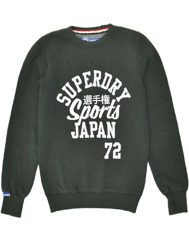 SUPERDRY Mens Graphic Sweatshirt Jumper Small Green Cotton Hoodie with Tied Waist Feminine Flattering