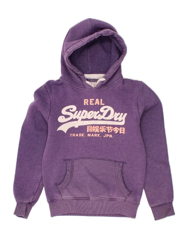 SUPERDRY Womens Graphic Hoodie Jumper UK 2 2XS Purple Cotton Hoodie Dress Longline Feminine