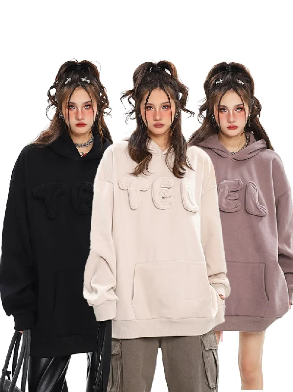 TEL 3D Bubble Letters Patchwork Solid Color Long Sleeve Hoodie Hoodie with Toggle Buttons Decorative Unique