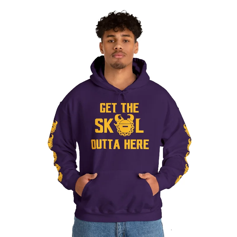 Unisex Heavy Blend™ Hooded Sweatshirt - Get OUTTA Here + Game Day Helmet (Sleeves) Hoodie with Hem Embroidery Detailed Premium