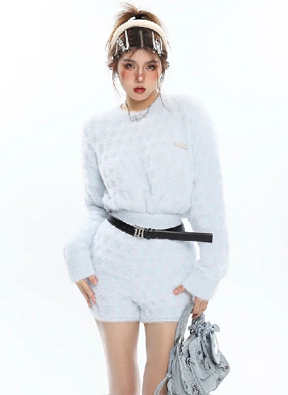 Valerie Solid Color Fluffy Long Sleeve Sweatshirt Shorts Matching Set Hoodie with Hem Elastic Stretchable Comfortable