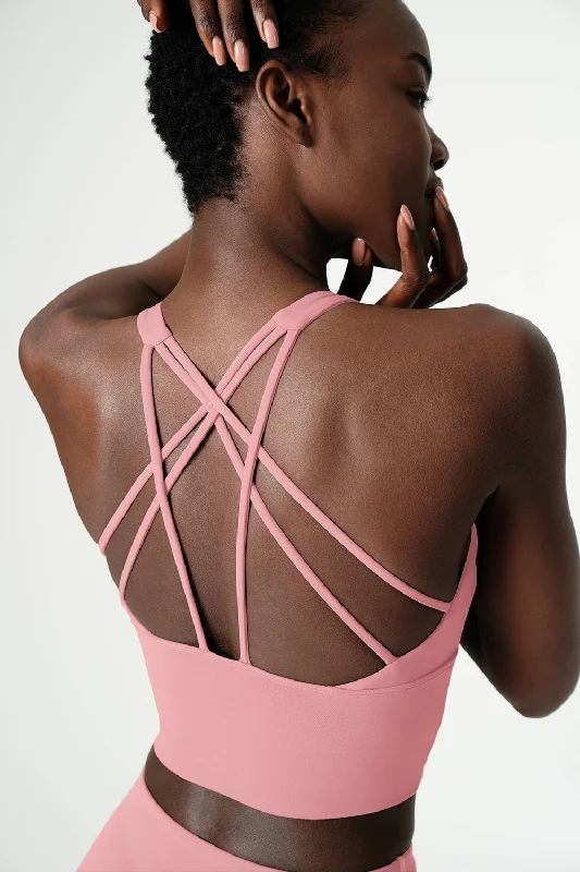 3 for $49! Dusty Pink Kelly Multi-Strap Back Long Line Padded Sports Bra - Women Daily Comfort Bra