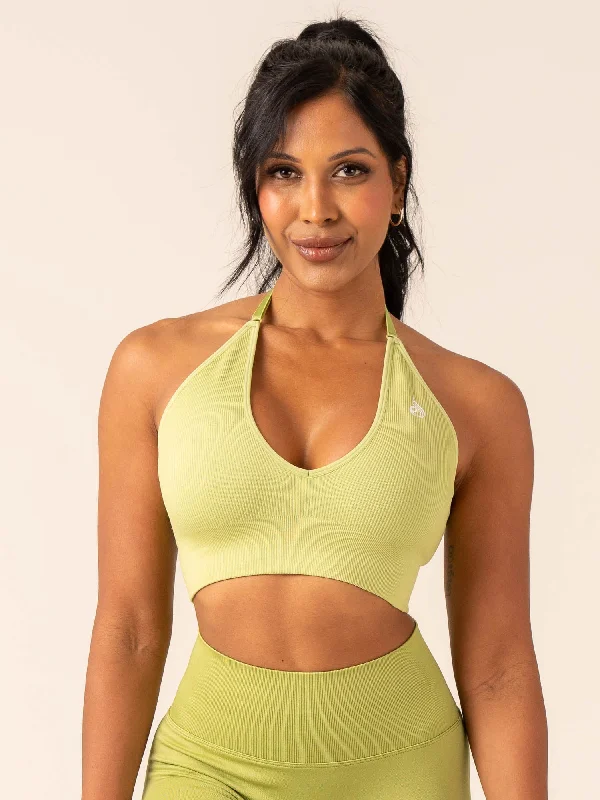 Lift Rib Seamless Halter Sports Bra - Olive Sleek Push-Up Bra