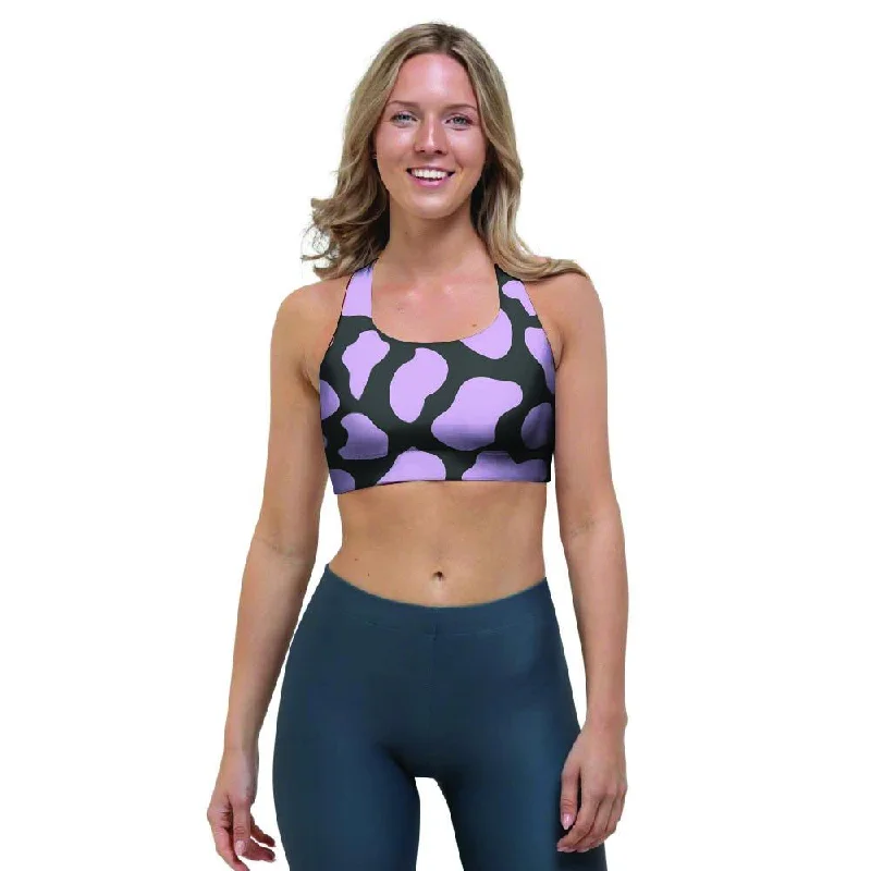 Purple And Black Cow Print Sports Bra Chic Satin Bra
