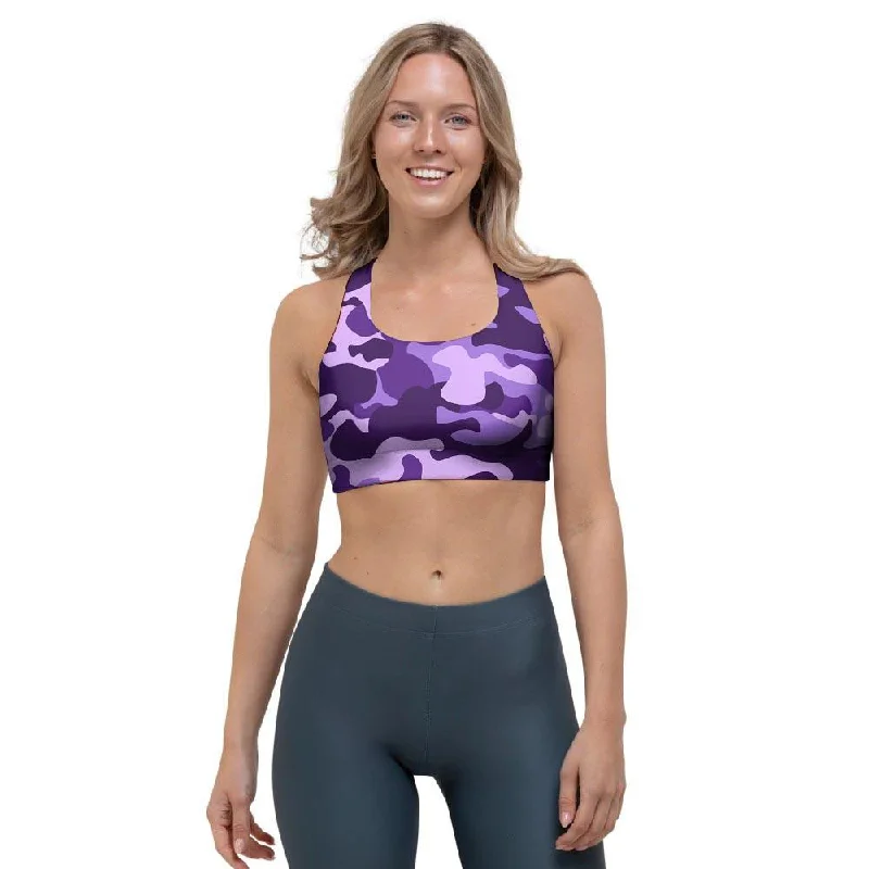Purple Camo Print Sports Bra Full Support Bra