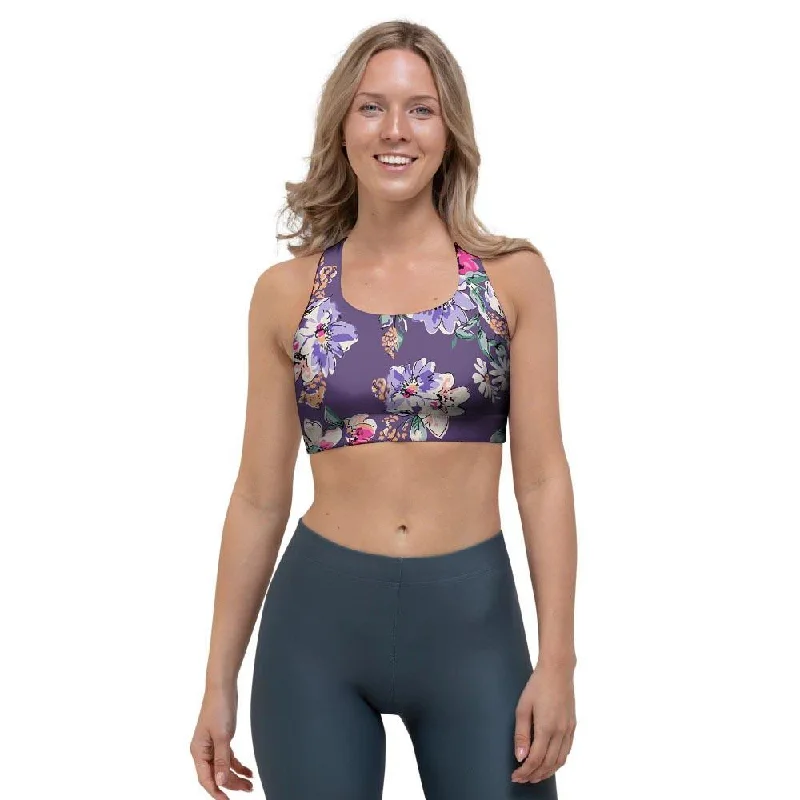 Purple Floral Print Sports Bra Comfortable Fit Bralette