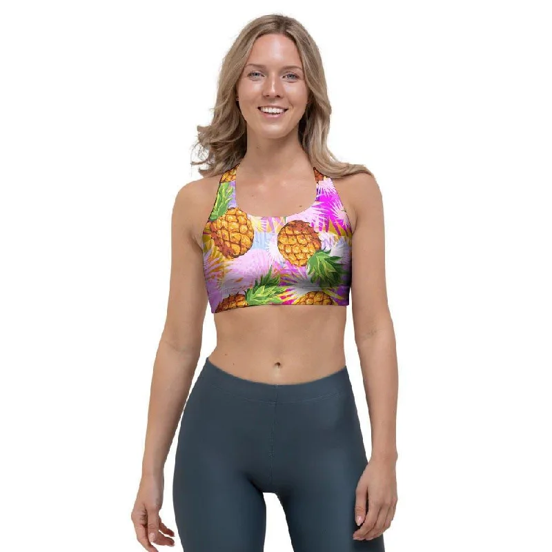 Purple Neon Pineapple Hawaiian Print Sports Bra Full Coverage Bralette