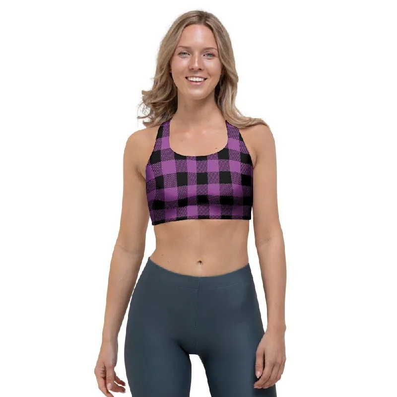 Purple Plaid Sports Bra Floral Lace Bra