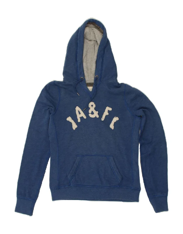 ABERCROMBIE & FITCH Womens Graphic Hoodie Jumper UK 14 Medium Blue Cotton Hoodie with Hem Elastic Stretchable Comfortable