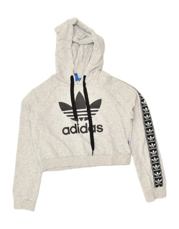 ADIDAS Womens Crop Graphic Hoodie Jumper UK 8 Small  Grey Cotton Hoodie with Lining Warm Insulated