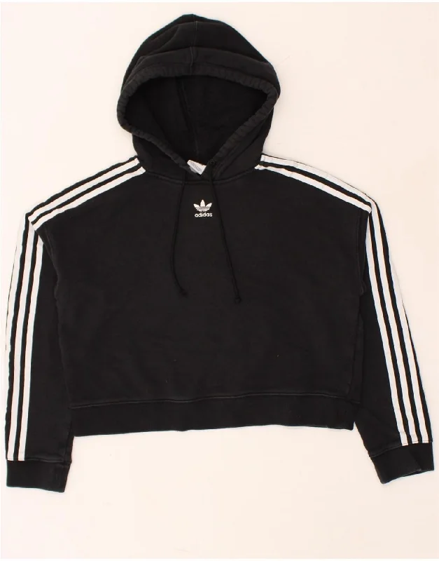 ADIDAS Womens Crop Hoodie Jumper UK 10 Small Black Cotton Hoodie with Frayed Bohemian Relaxed