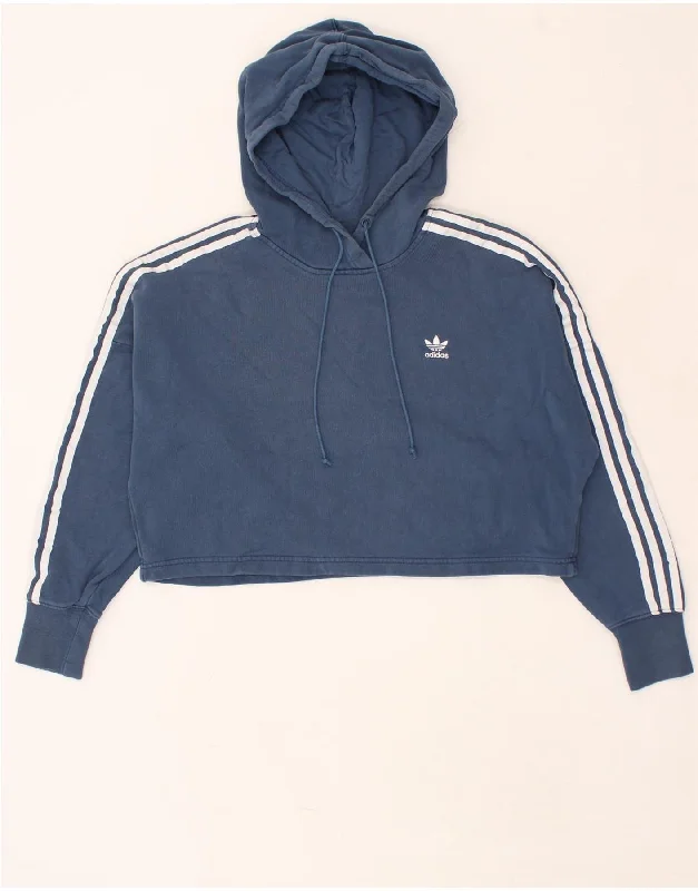 ADIDAS Womens Crop Hoodie Jumper UK 6 XS Navy Blue Cotton Hoodie with Fur Luxurious Winter