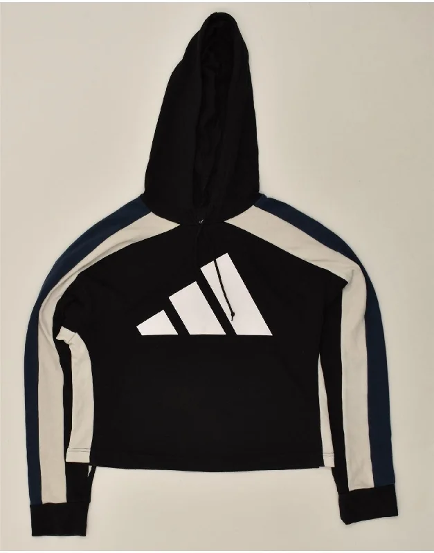 ADIDAS Womens Graphic Crop Hoodie Jumper UK 8/10 Small Black Cotton Hoodie with Sequins Glamorous Eye-catching