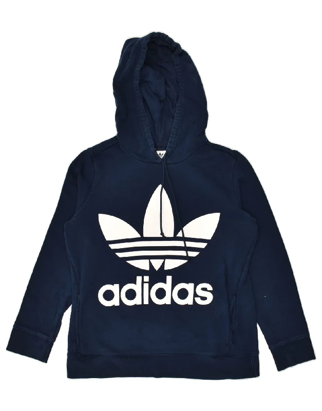 ADIDAS Womens Graphic Hoodie Jumper UK 12  Medium Navy Blue Cotton Hoodie with Hem Patch Decorative Personalized