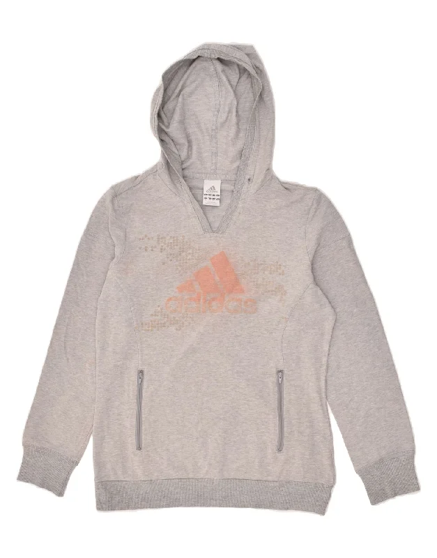 ADIDAS Womens Graphic Hoodie Jumper UK 16 Large  Grey Cotton Hoodie with Longline Fit Extended Stylish