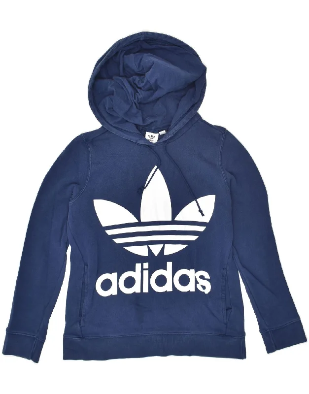 ADIDAS Womens Graphic Hoodie Jumper UK 6 XS Navy Blue Cotton Hoodie with Metallic Shiny Futuristic