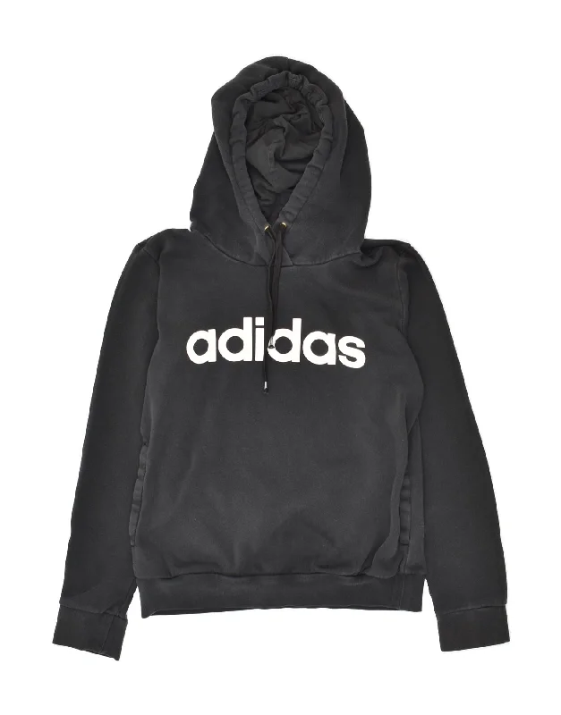 ADIDAS Womens Graphic Hoodie Jumper UK 8/10 Small Black Cotton Hoodie with Batwing Sleeves Loose Dramatic