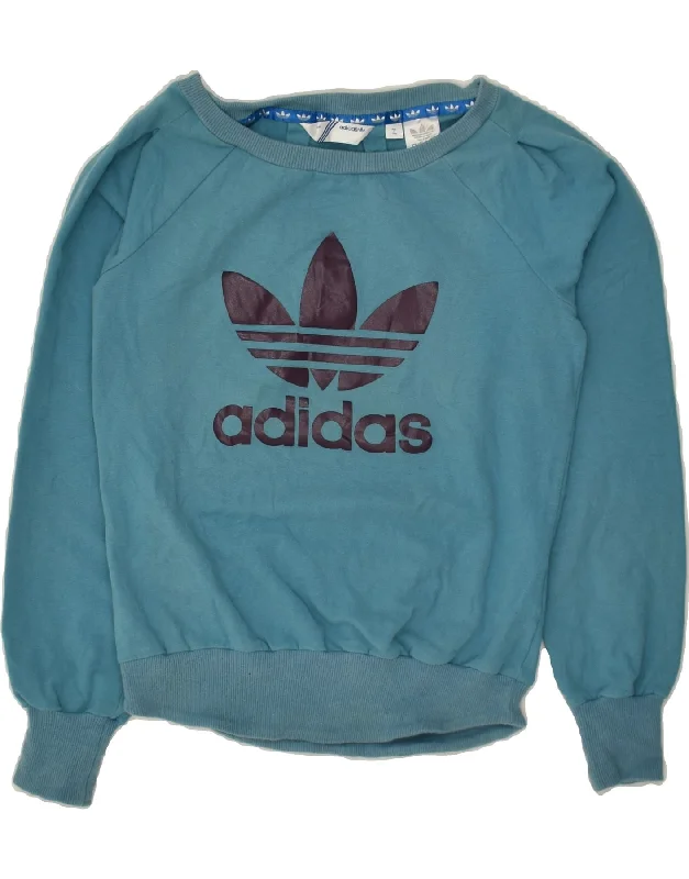 ADIDAS Womens Graphic Sweatshirt Jumper EU 38 Medium Blue Cotton Hoodie with Front Slit Layering Stylish