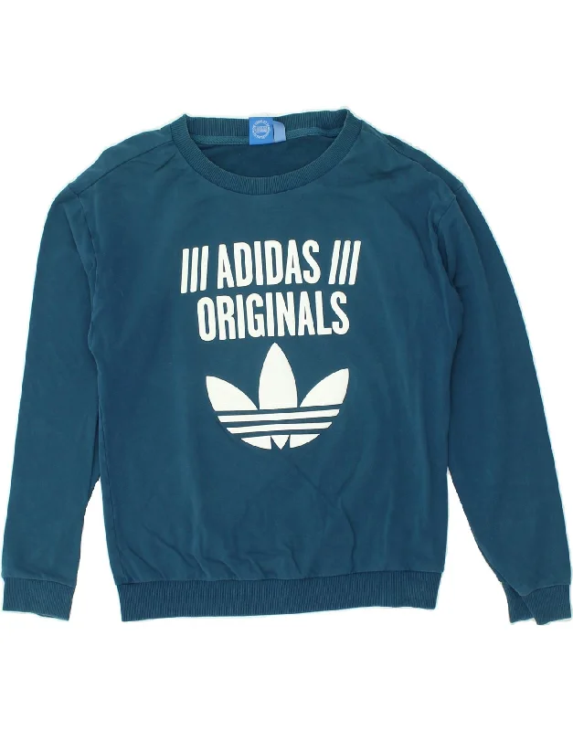 ADIDAS Womens Graphic Sweatshirt Jumper UK 10 Small Blue Cotton Hoodie with Hem Contrast Bold Stylish