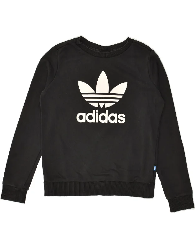 ADIDAS Womens Graphic Sweatshirt Jumper UK 8 Small Black Cotton Hoodie with Back Slit Movement Comfort