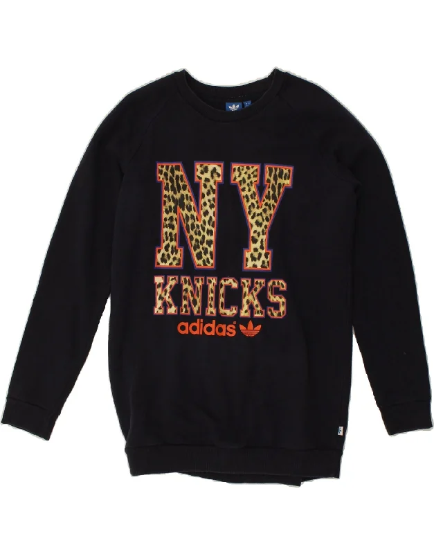 ADIDAS Womens NY Knicks Graphic Sweatshirt Jumper UK 12 Medium Navy Blue Hoodie with Front Slit Layering Stylish