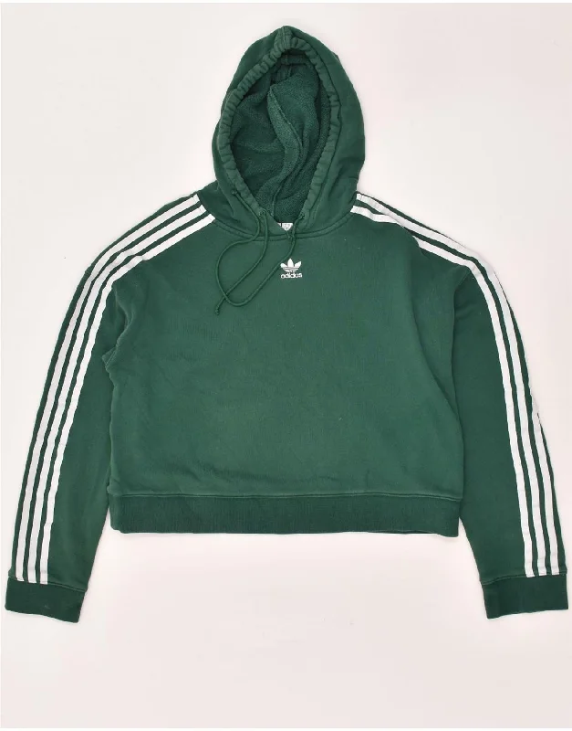 ADIDAS Womens Oversized Crop Hoodie Jumper UK 10 Small Green Cotton Hoodie with Hem Frayed Vintage Worn