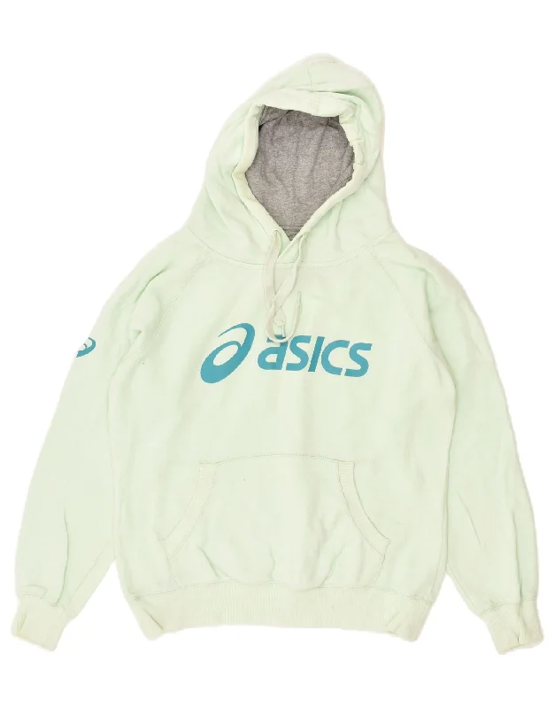 ASICS Womens Graphic Hoodie Jumper UK 14 Medium Green Cotton Hoodie with Longline Fit Extended Stylish