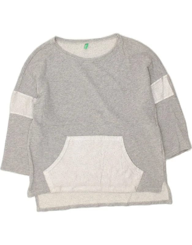 BENETTON Womens 3/4 Sleeve Sweatshirt Jumper UK 14 Medium Grey Colourblock Hoodie with Hood Adjustable Protection