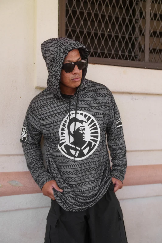 BLACK & GRAY TRIBAL ALOHA FESTIVAL HOODIE Hoodie with Drawcord Adjustable Secure