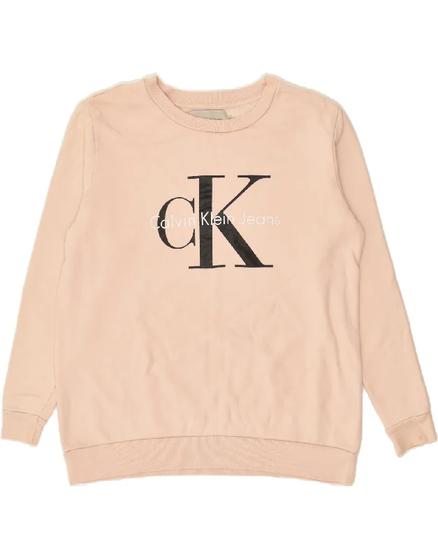 CALVIN KLEIN Womens Graphic Sweatshirt Jumper UK 14 Medium Beige Cotton Hoodie Fleece Lining Warmth