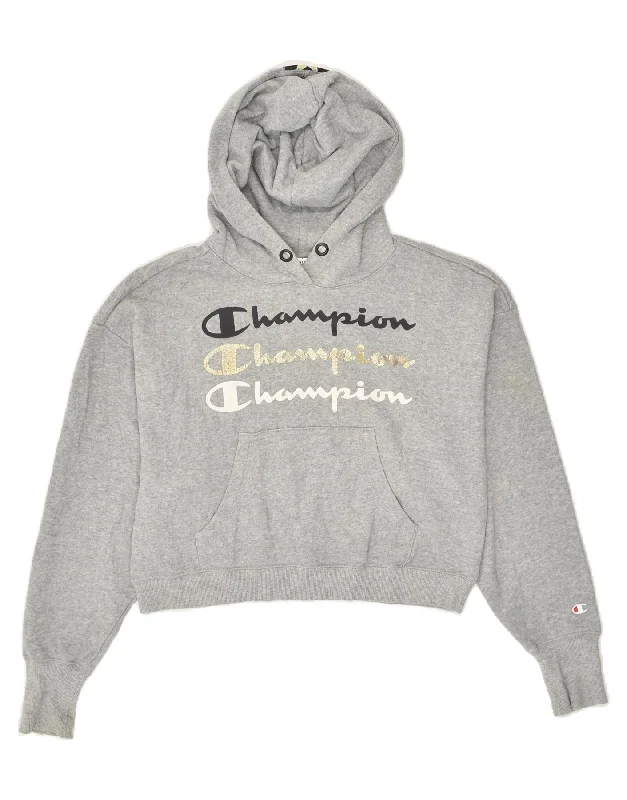 CHAMPION Womens Crop Graphic Hoodie Jumper UK 10 Small Grey Cotton Hoodie with Front Slit Layering Stylish