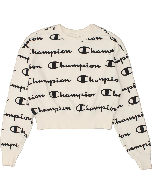 CHAMPION Womens Crop Sweatshirt Jumper UK 10 Small White Cotton Hoodie with Pocket Utility Practical